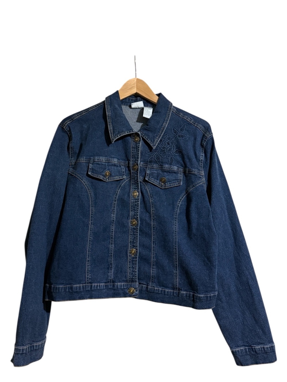 Floral stitched navy denim jacket